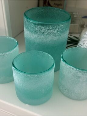 4-Pc West Elm Turquoise Seaglass Frosted Glass Candle Holders - Pottery Barn